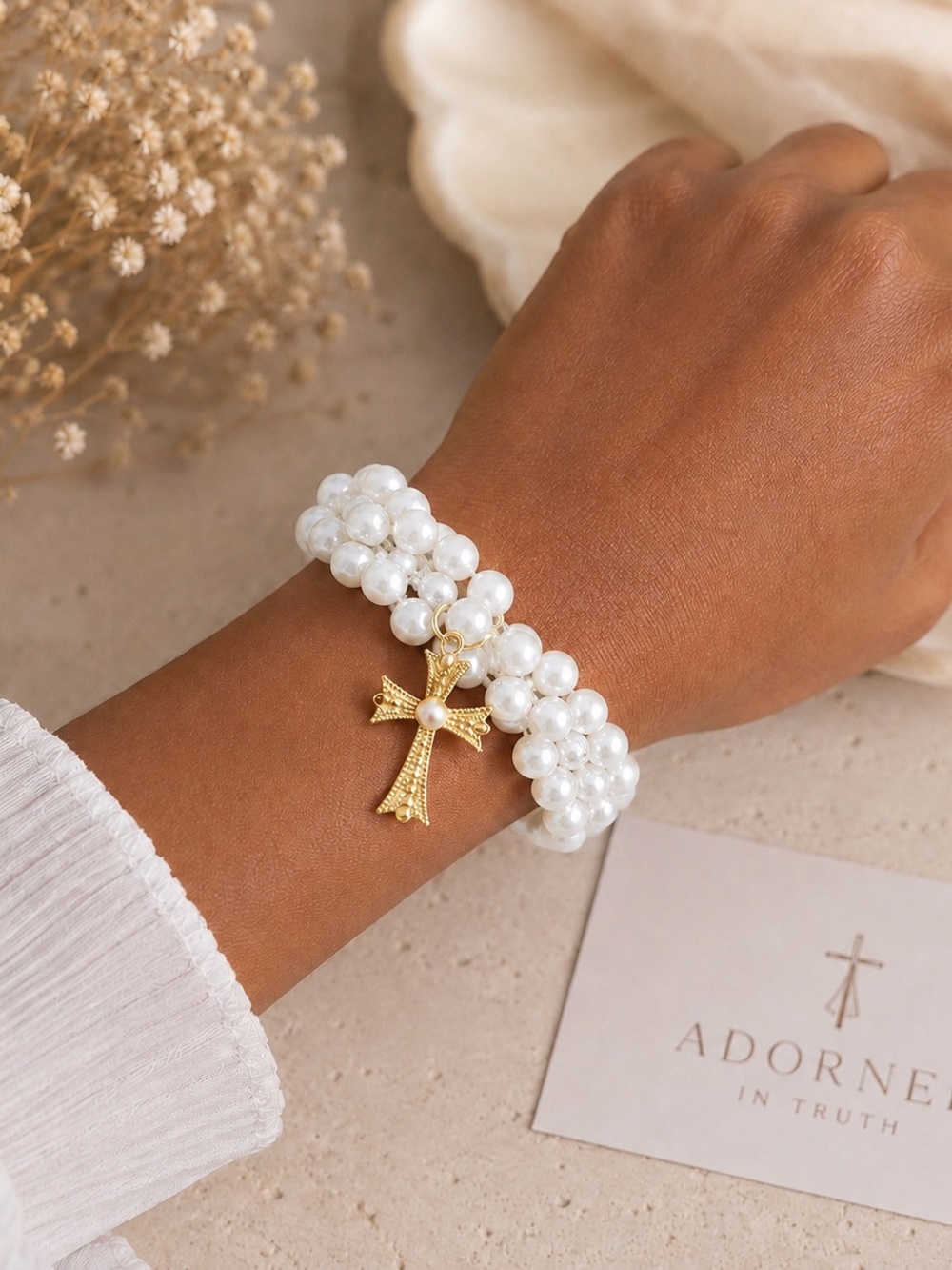 Pearl Beaded Cross Bracelet - White